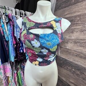 SO Vibrant Floral Cutout Crop Tank Top